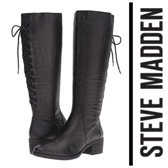 Corset-Style Steve Madden Black Leather Boots - Picture 1 of 8